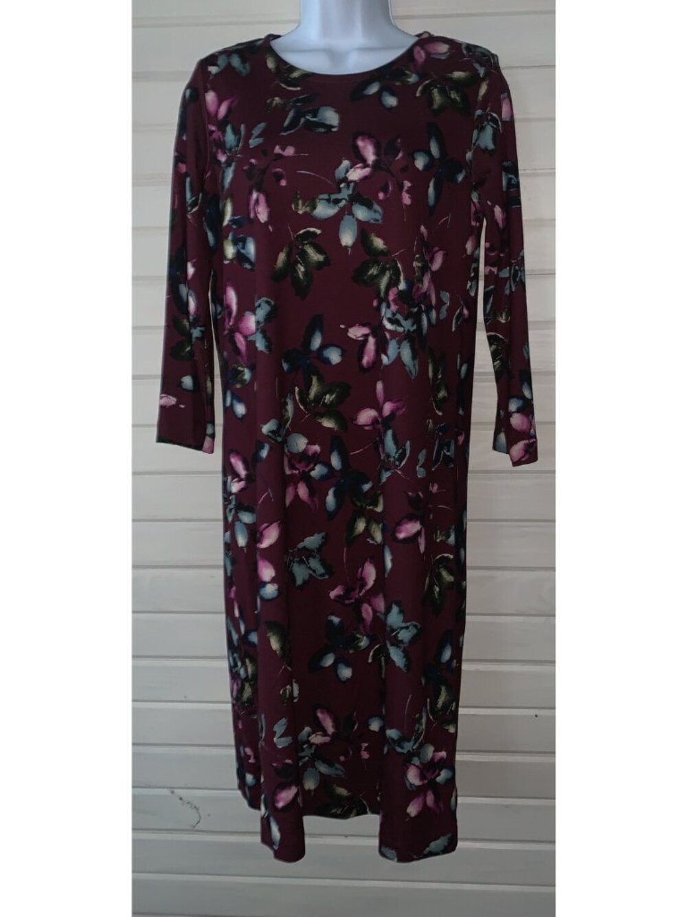 J. Jill Ponte Knit Sz XS 3/4 Sleeve Dress Burgundy Floral Pullover Stretch EUC